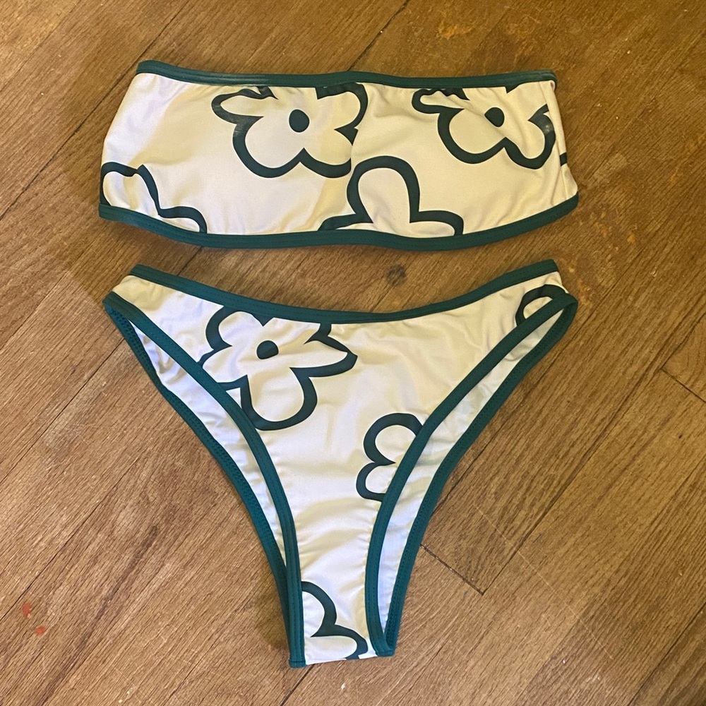 SHEIN White Green Floral Strapless Bikini Bathing Suit Women’s